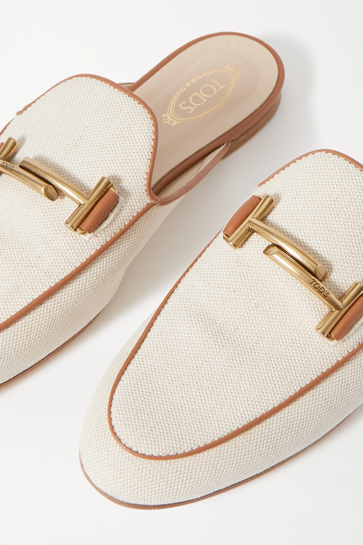 Tod's Leather-trimmed embellished canvas slippers